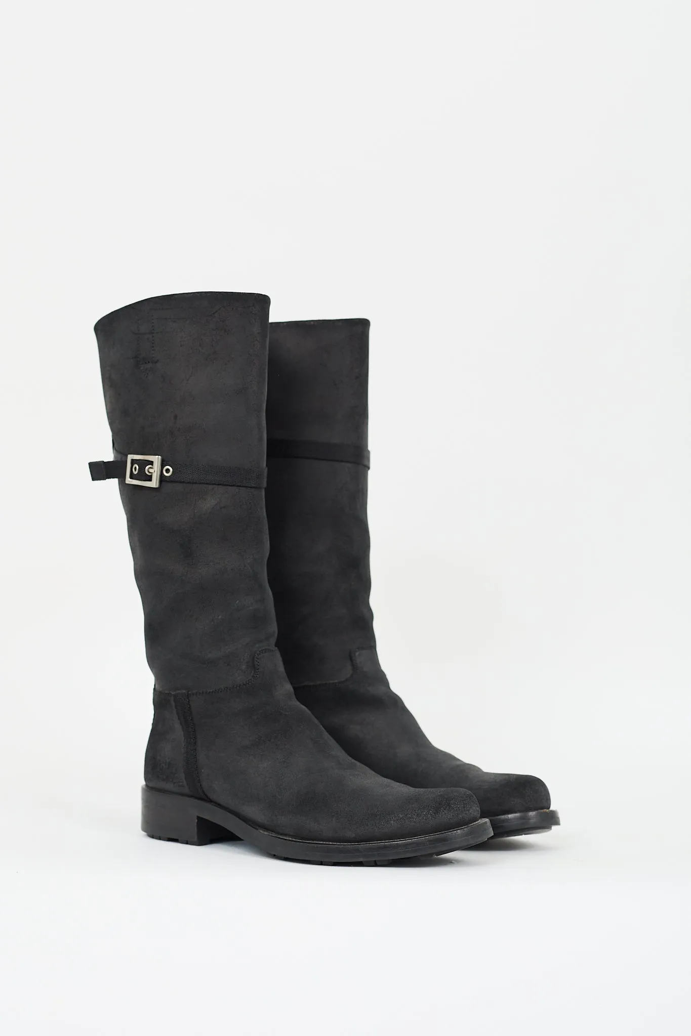 Black Aged Leather Buckle Boot
