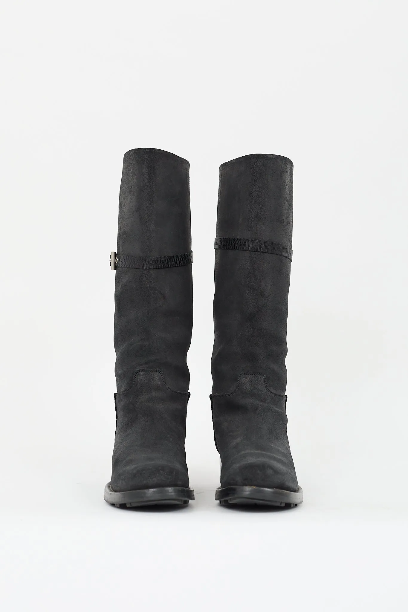 Black Aged Leather Buckle Boot