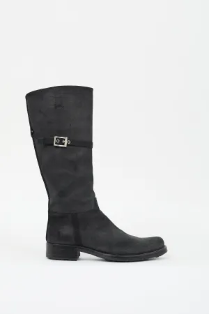 Black Aged Leather Buckle Boot