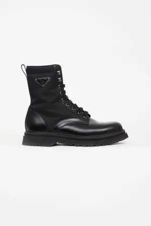 Black Brushed Rois Leather & Nylon Combat Boot