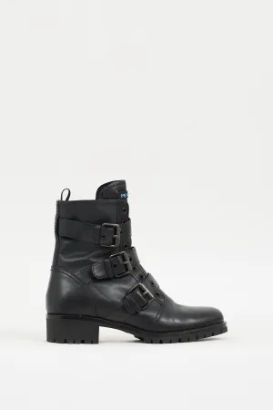 Black Leather Buckled Combat Boot