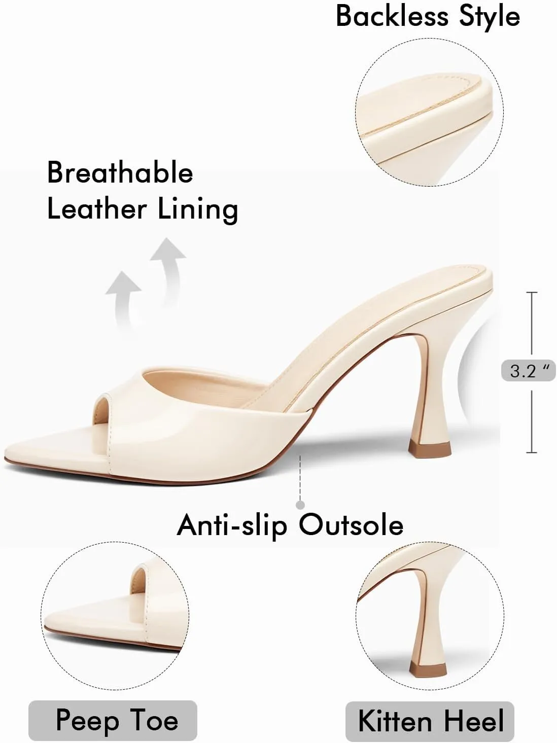 Coutgo Womens Heeled Mules Pointed Peep Toe High Heels Slip On Backless Mule Sandals Dress Shoes