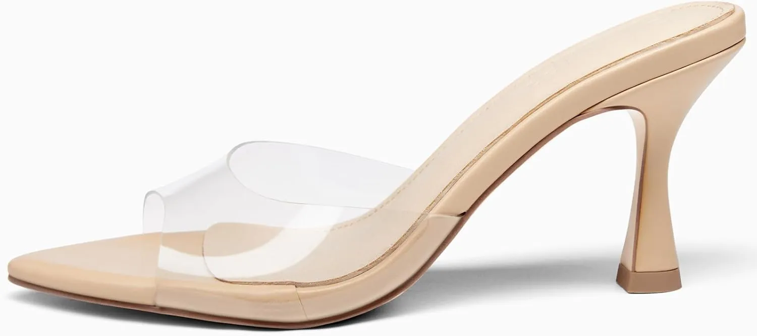 Coutgo Womens Heeled Mules Pointed Peep Toe High Heels Slip On Backless Mule Sandals Dress Shoes