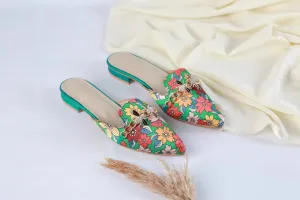 FLORAL MULE POINTED TOE FLATS VINTAGE BEE MULES - GREEN