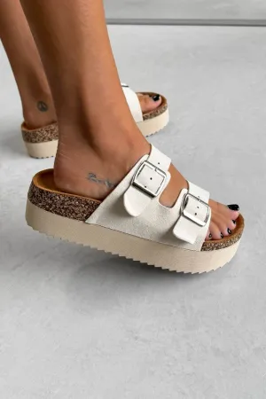 GEM Buckle Strap Flatform Slider Sandals - Beige
