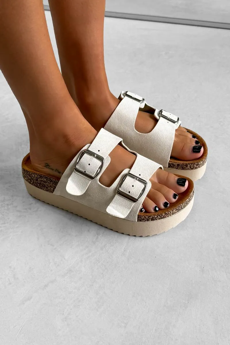 GEM Buckle Strap Flatform Slider Sandals - Beige