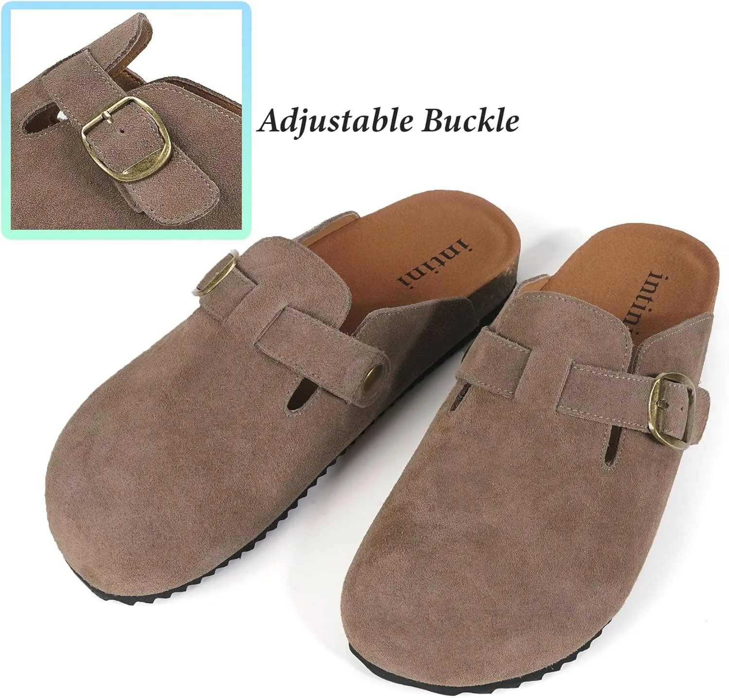 Intini Womens Suede Clogs Mens Leather Mules Cork Footbed Sandals with Arch Support