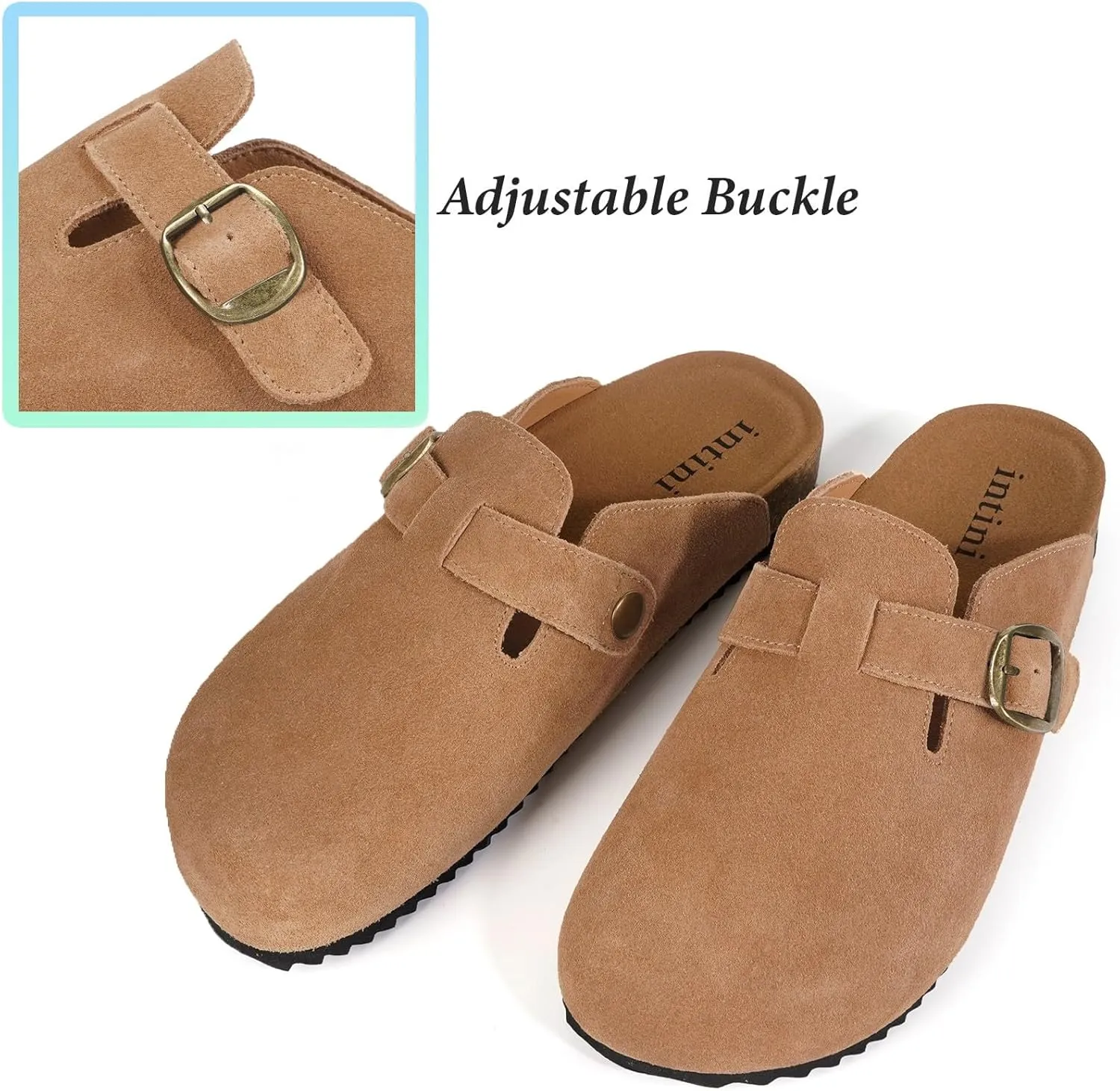 Intini Womens Suede Clogs Mens Leather Mules Cork Footbed Sandals with Arch Support