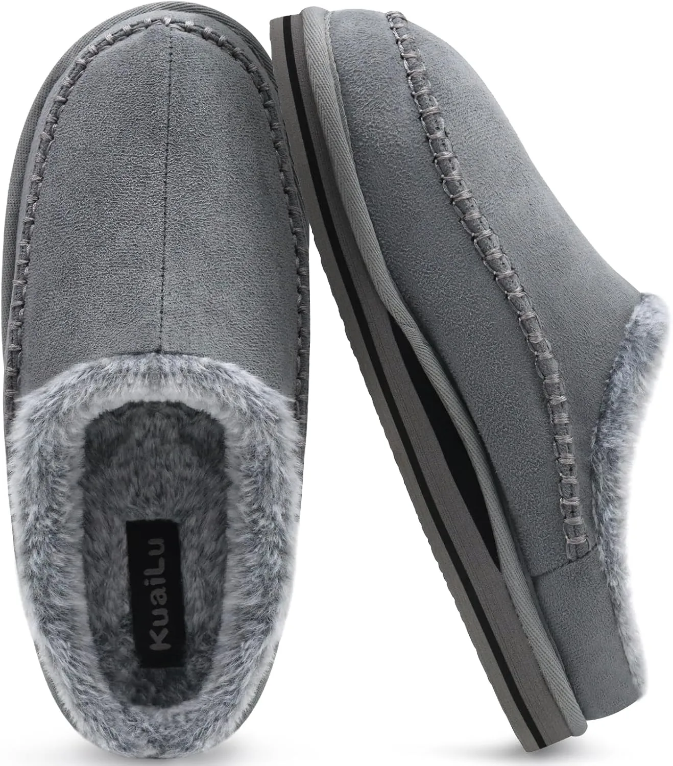 KuaiLu Mens Clog Slippers with Arch Support Suede Faux Fur Memory Foam Warm House Shoes Comfortable Slip-on Mans Bedroom Indoor Outdoor Slippers Rubber Sole Size 7-16