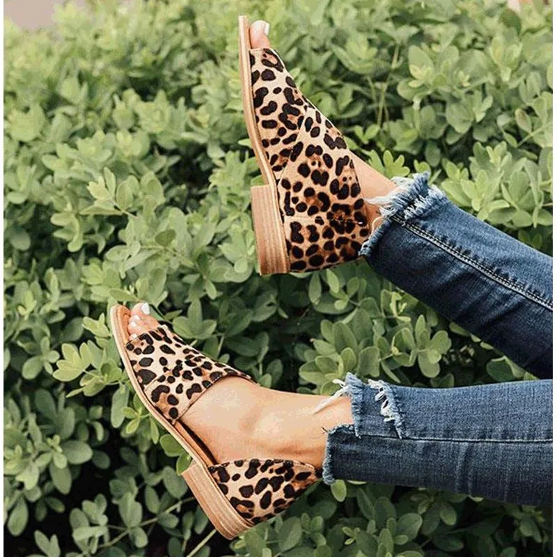 Leopard Peep Toe Side Hollow Low Chunky Sandals