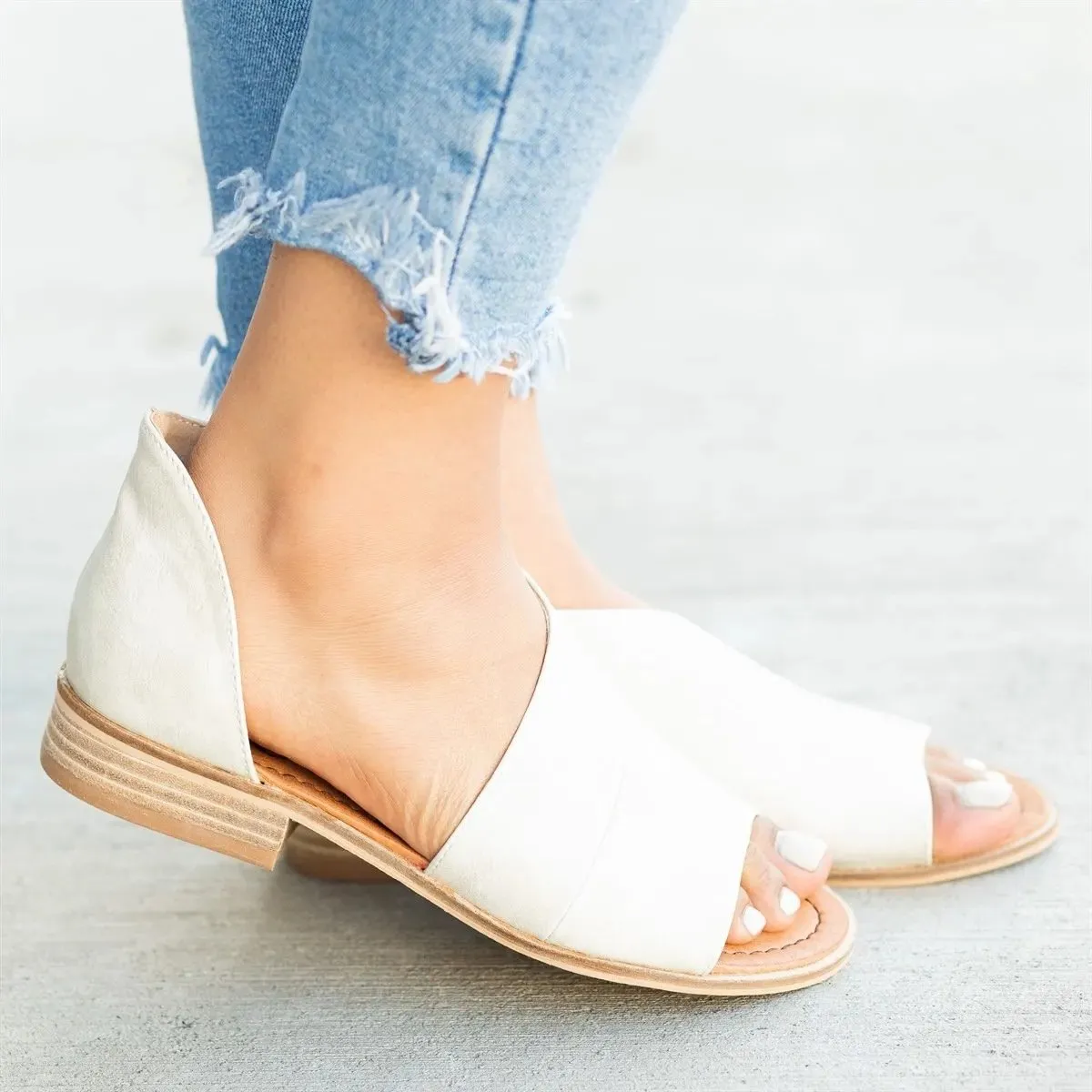 Leopard Peep Toe Side Hollow Low Chunky Sandals