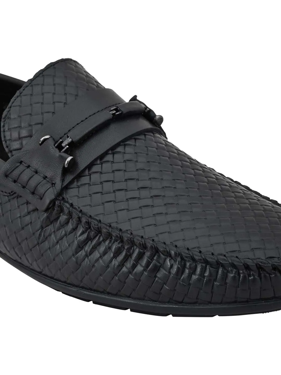 Men Black Basket Weave Textured Loafers