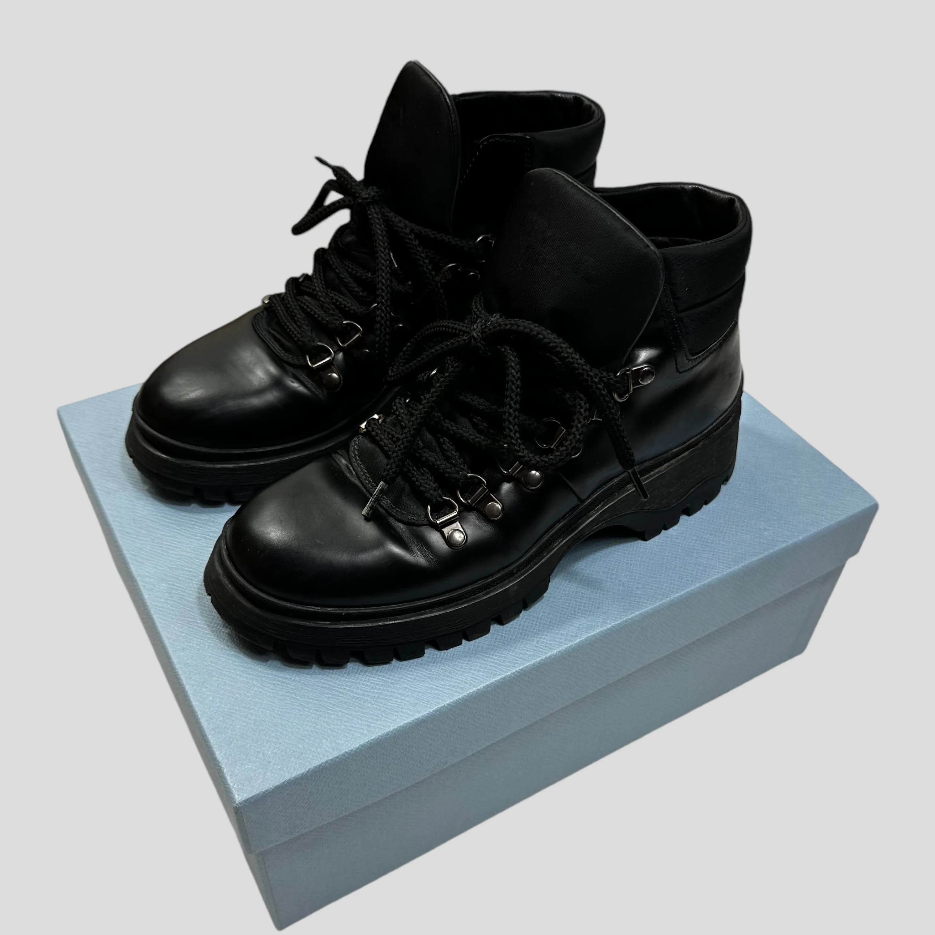 Prada Milano 90’s Leather   Nylon Combat Boots - UK4