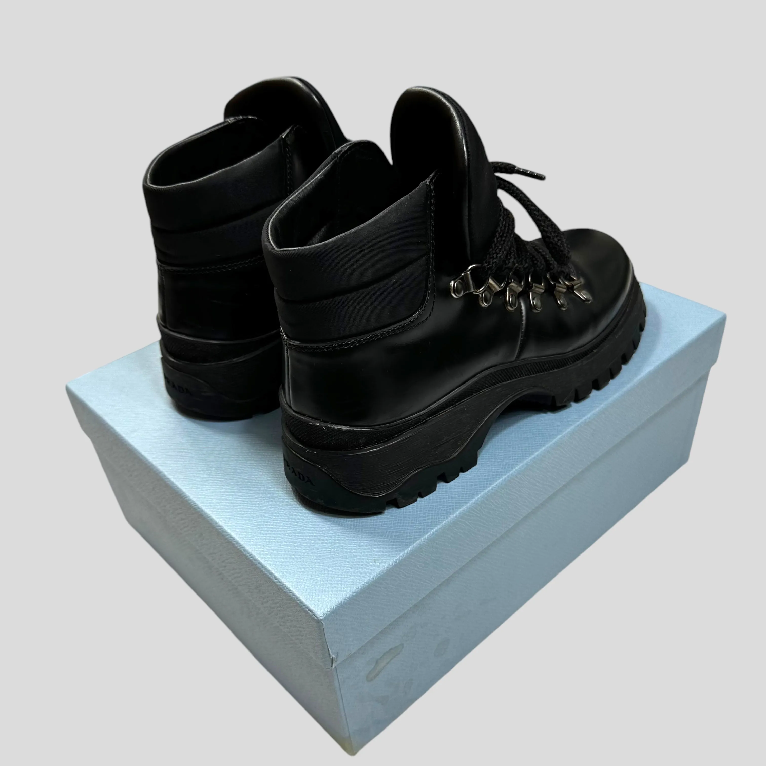 Prada Milano 90’s Leather   Nylon Combat Boots - UK4