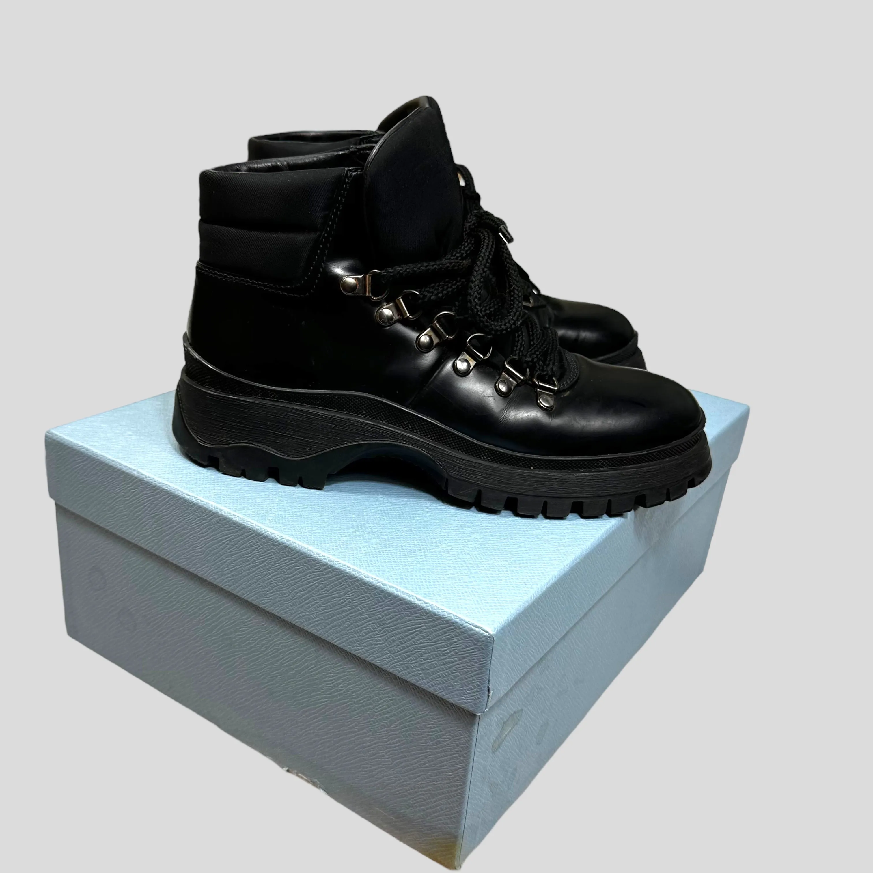 Prada Milano 90’s Leather   Nylon Combat Boots - UK4