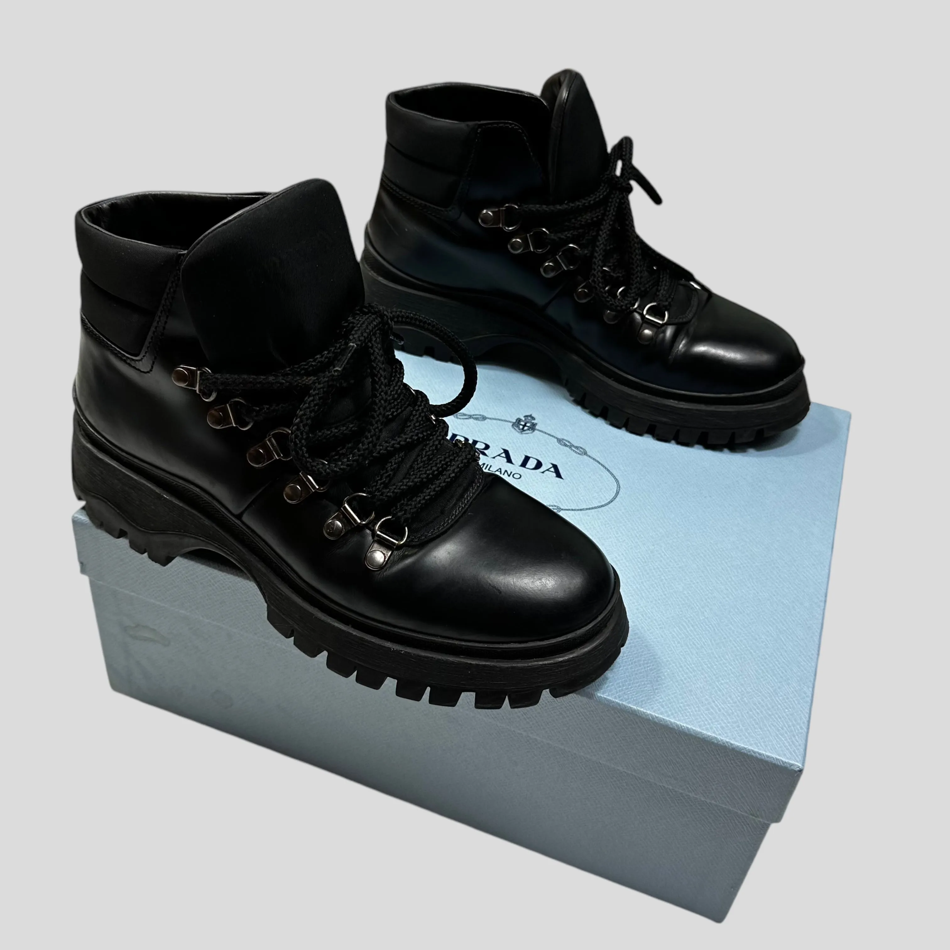 Prada Milano 90’s Leather   Nylon Combat Boots - UK4