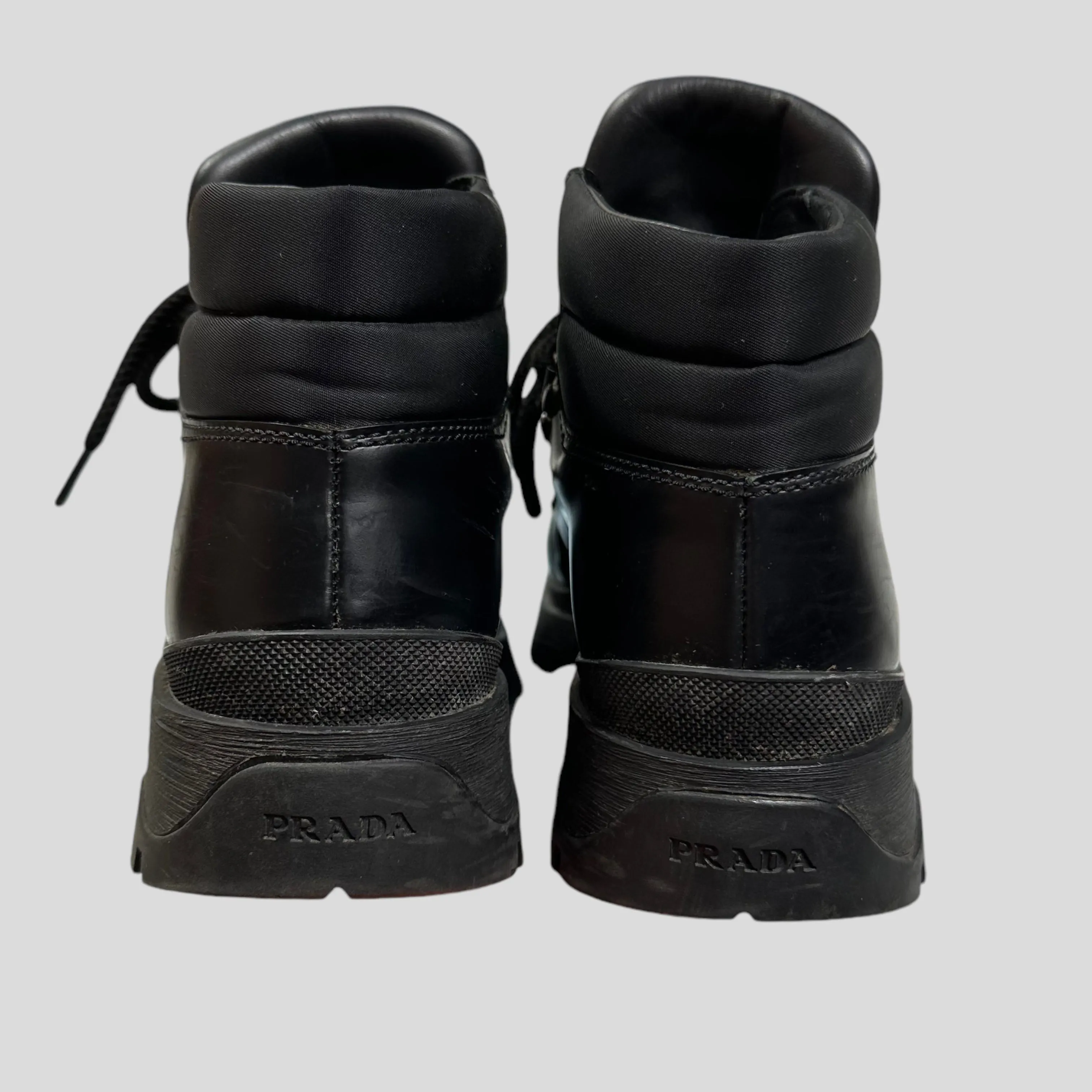 Prada Milano 90’s Leather   Nylon Combat Boots - UK4