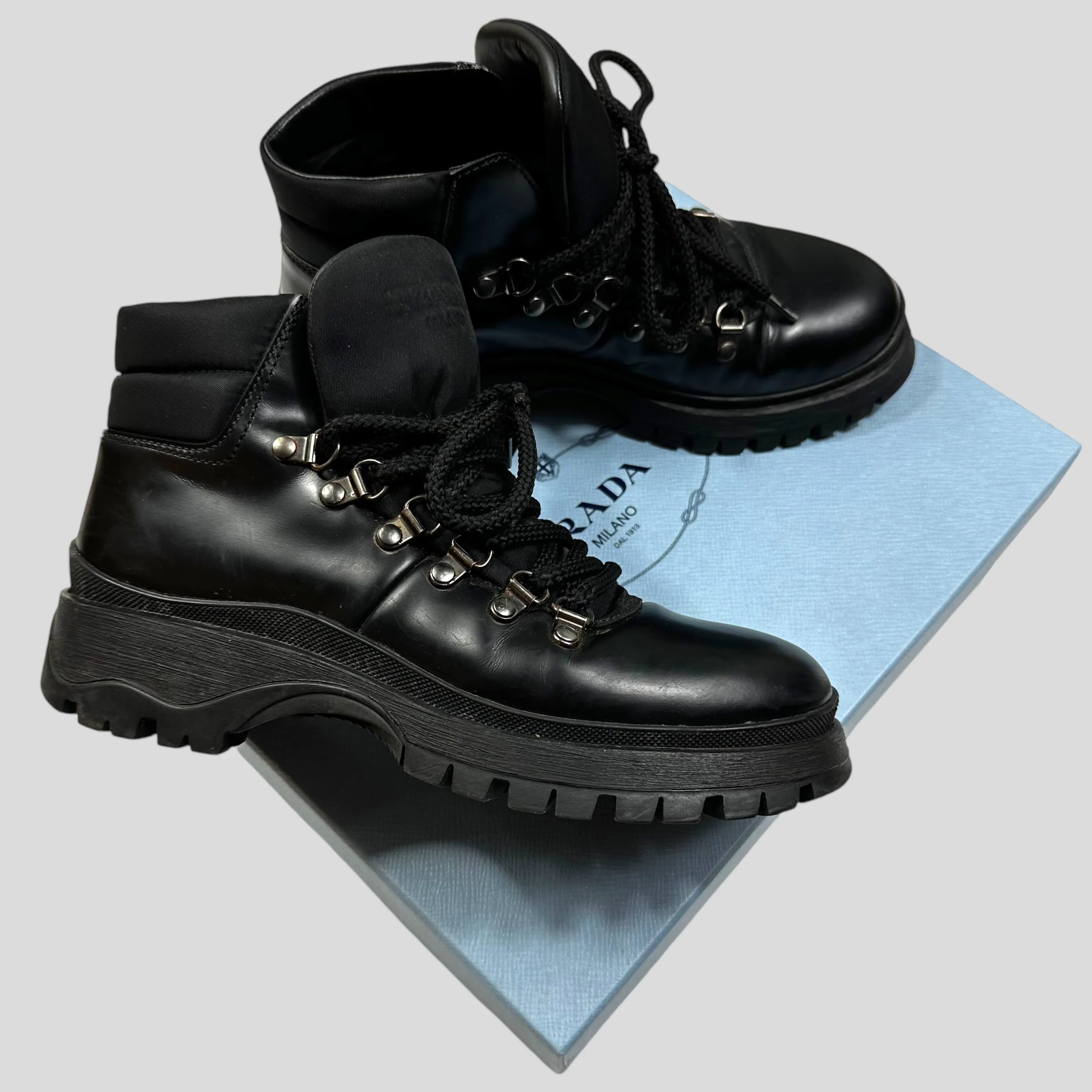 Prada Milano 90’s Leather   Nylon Combat Boots - UK4