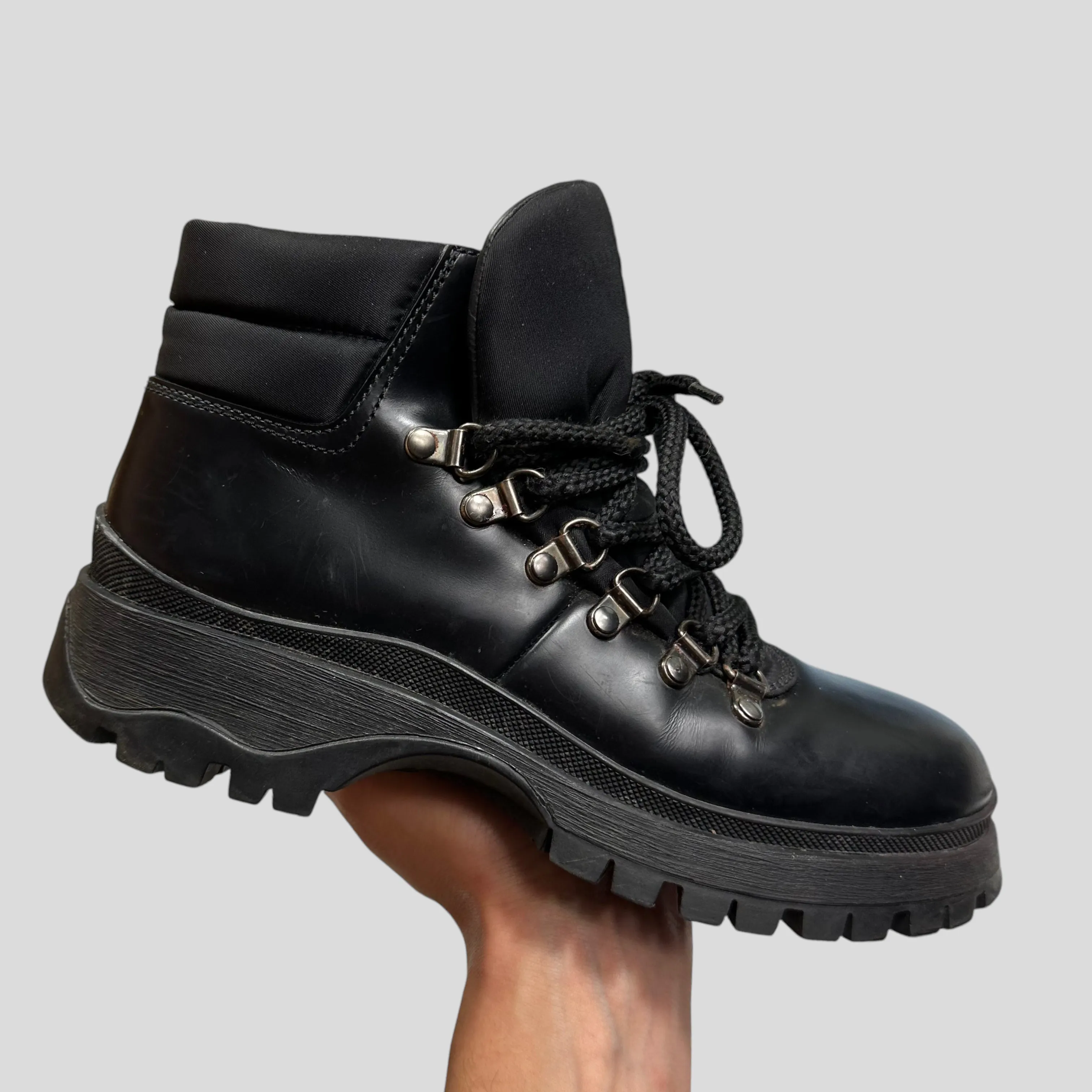 Prada Milano 90’s Leather   Nylon Combat Boots - UK4