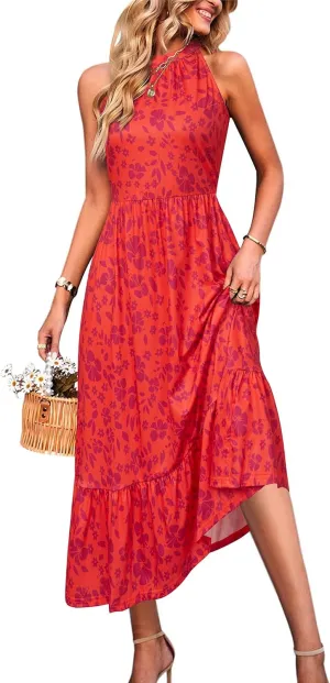 STYLEWORD Women??s 2025 Summer Dress Maxi Vacation Floral Halter Neck Sleeveless Flowy Sundress with Pockets