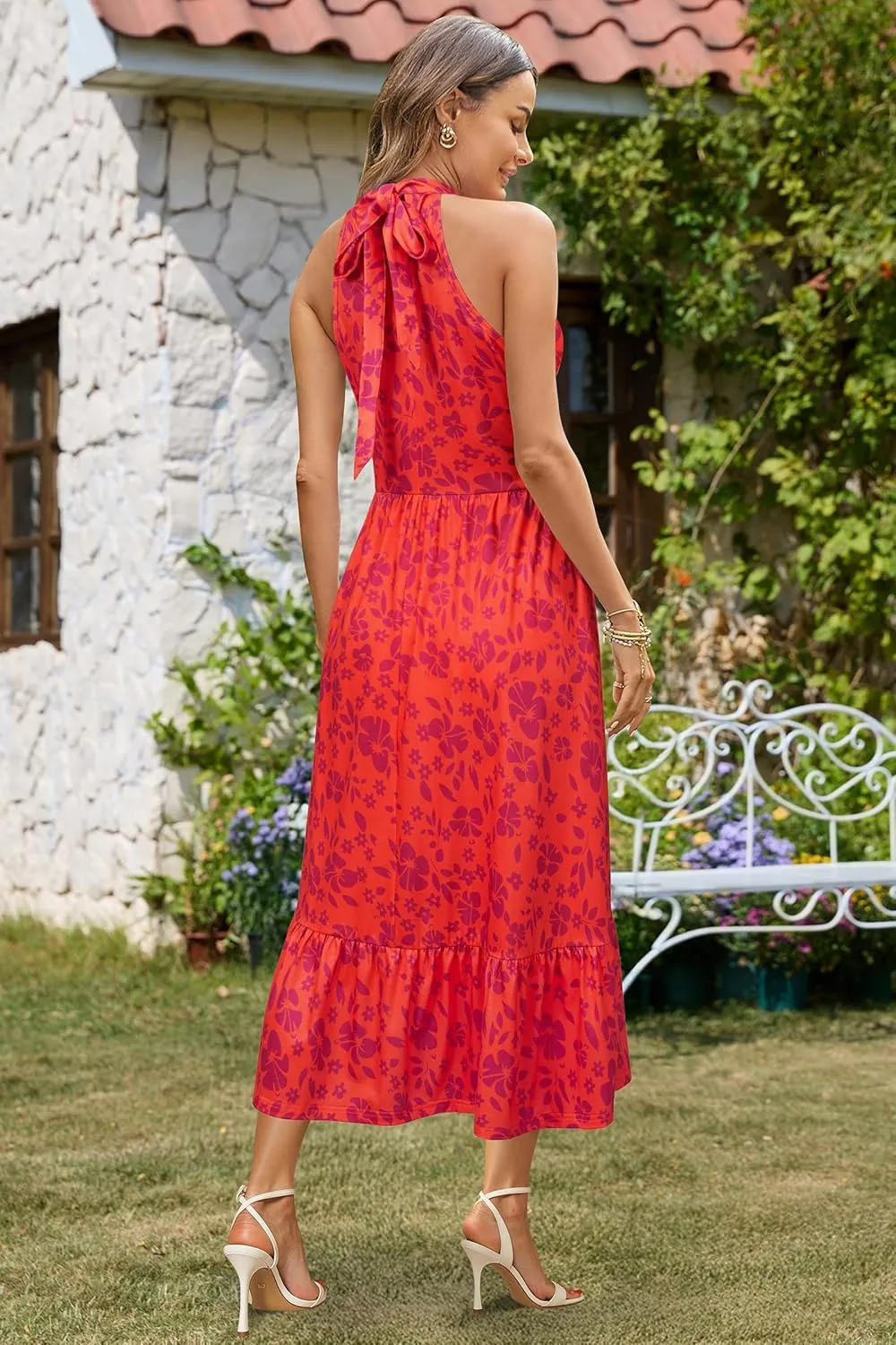 STYLEWORD Women??s 2025 Summer Dress Maxi Vacation Floral Halter Neck Sleeveless Flowy Sundress with Pockets
