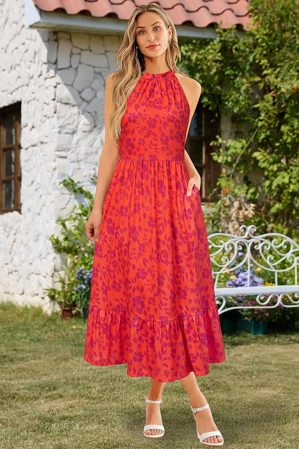 STYLEWORD Women??s 2025 Summer Dress Maxi Vacation Floral Halter Neck Sleeveless Flowy Sundress with Pockets