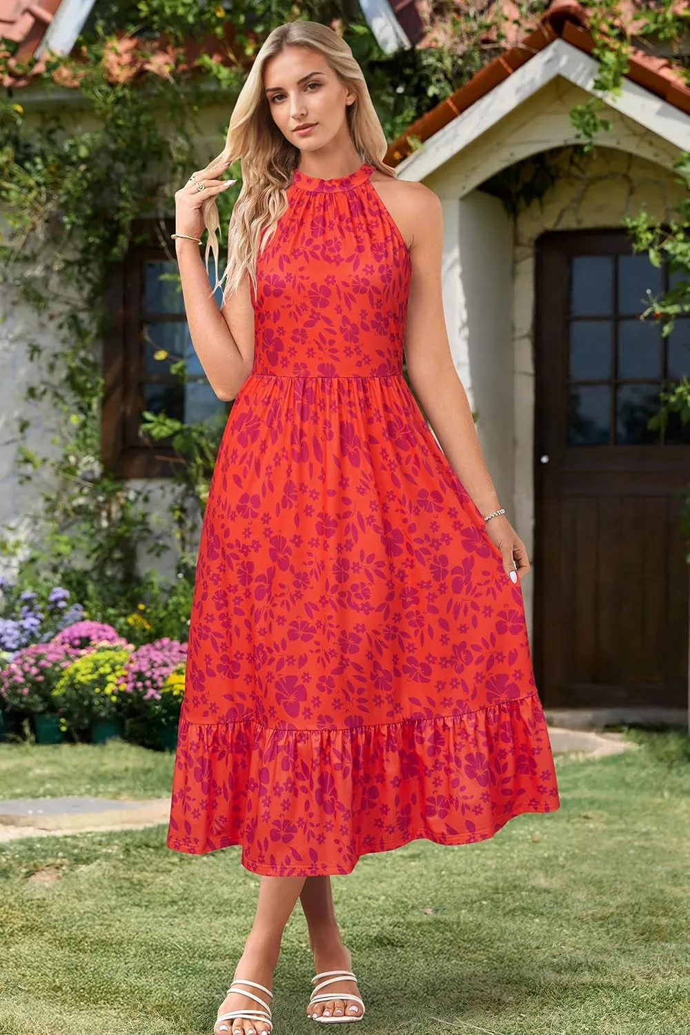 STYLEWORD Women??s 2025 Summer Dress Maxi Vacation Floral Halter Neck Sleeveless Flowy Sundress with Pockets
