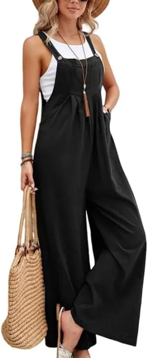 ZOCANIA Women's Loose Wide Leg Jumpsuits Summer Baggy Casual Cotton Long Bib Pants Rompers Overalls with Pockets